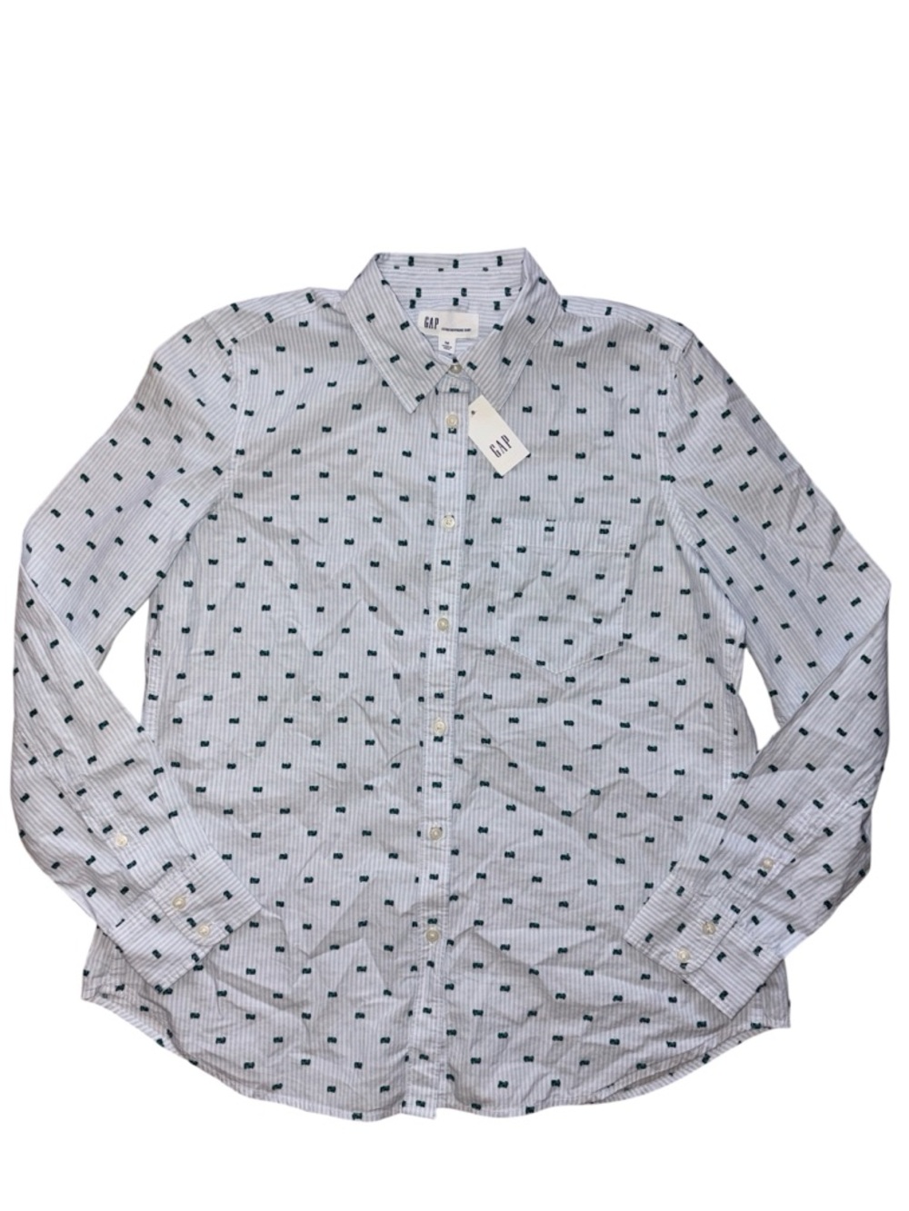 GAP White Button-Down Fitted Boyfriend Shirt with Blue Stripe and Green Print